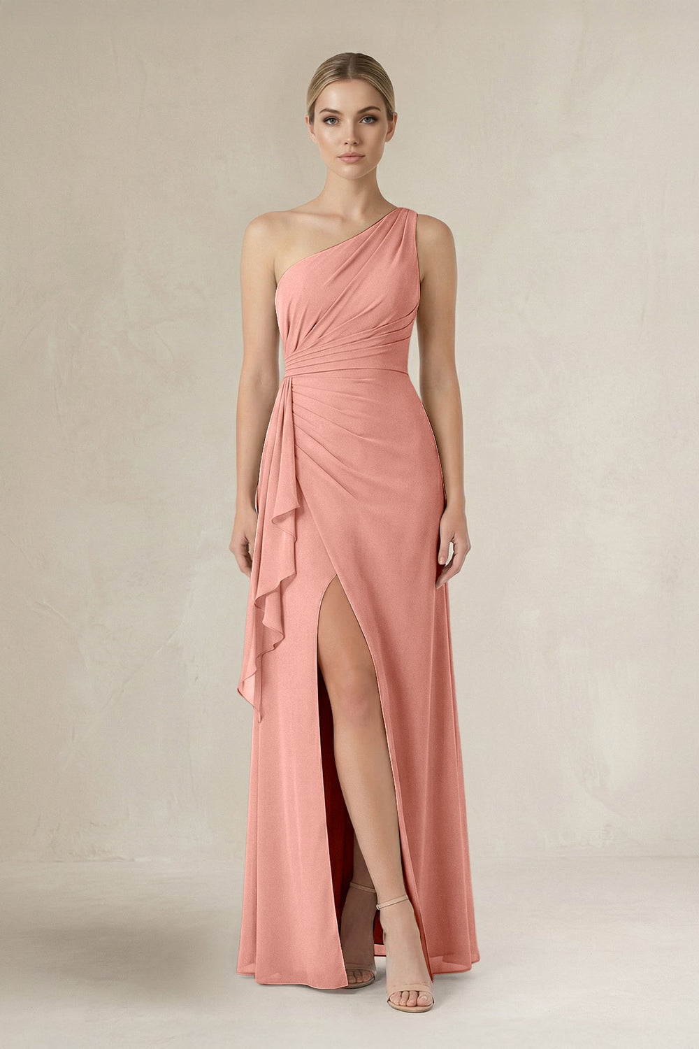 One-Shoulder Sheath Ruched Ruffled Bridesmaid Dress in Rosette