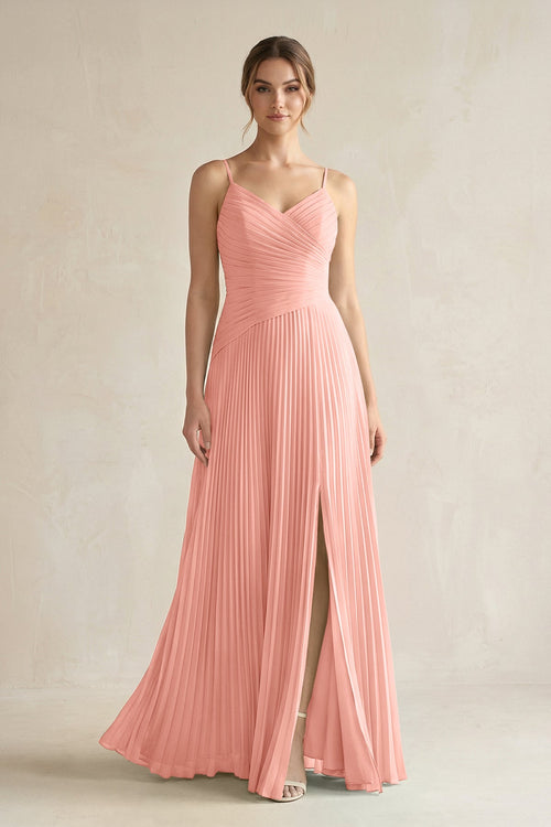 Rosette Pleated A-Line Long Chiffon Bridesmaid Dress | KISSBRIDAL