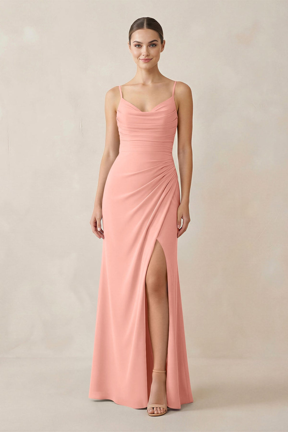 Ruched Sheath Spaghetti Strap Chiffon Bridesmaid Dress in Rosette