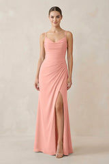 Rosette Ruched Sheath Spaghetti Strap Chiffon Bridesmaid Dress | KISSBRIDAL