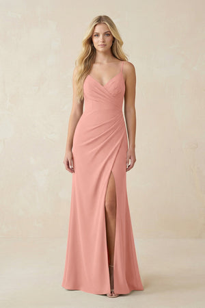 Rosette Ruched Sheath Spaghetti Strap Chiffon Bridesmaid Dress | KISSBRIDAL
