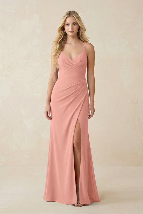 Rosette Ruched Sheath Spaghetti Strap Chiffon Bridesmaid Dress | KISSBRIDAL