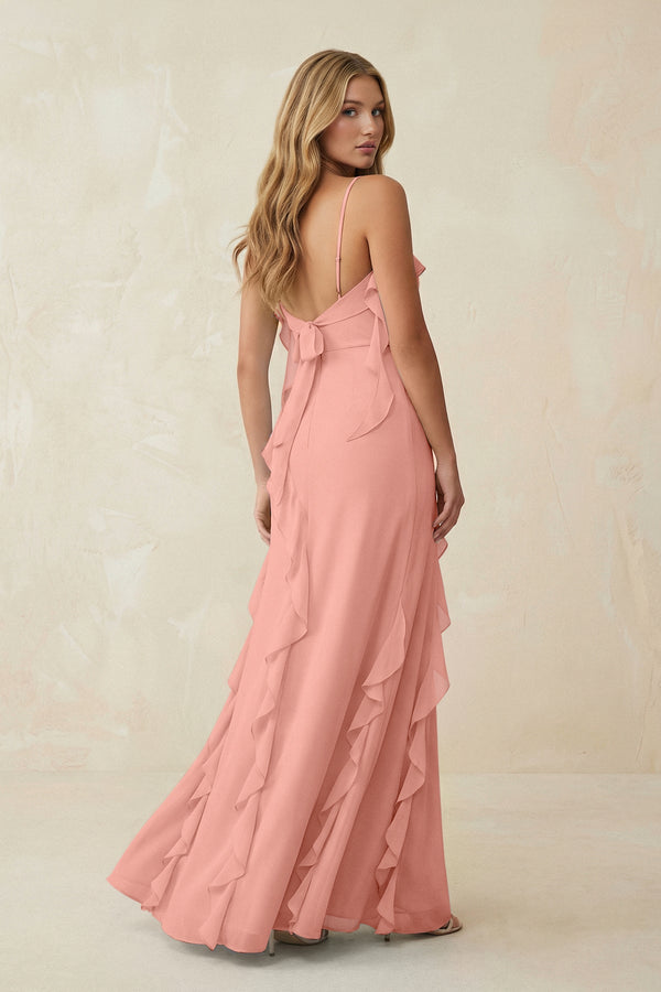 Rosette Ruffled Cami Strap Chiffon Sheath Bridesmaid Dress (2) | KISSBRIDAL