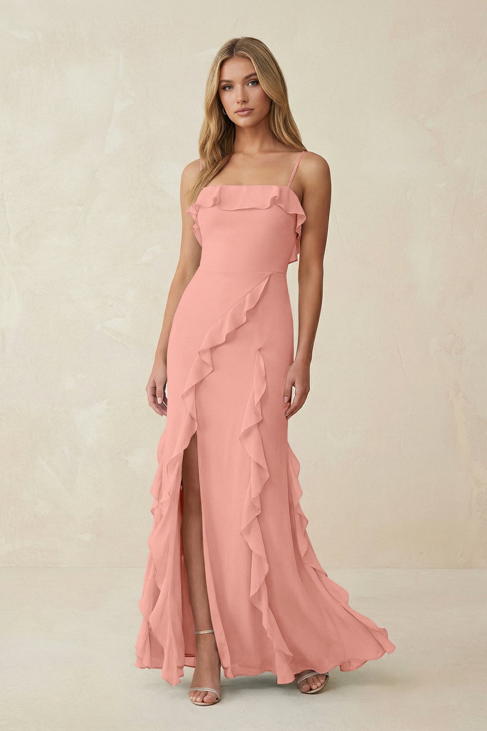 Ruffled Cami Strap Chiffon Sheath Bridesmaid Dress in Rosette
