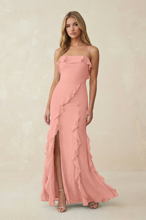 Rosette Ruffled Cami Strap Chiffon Sheath Bridesmaid Dress | KISSBRIDAL