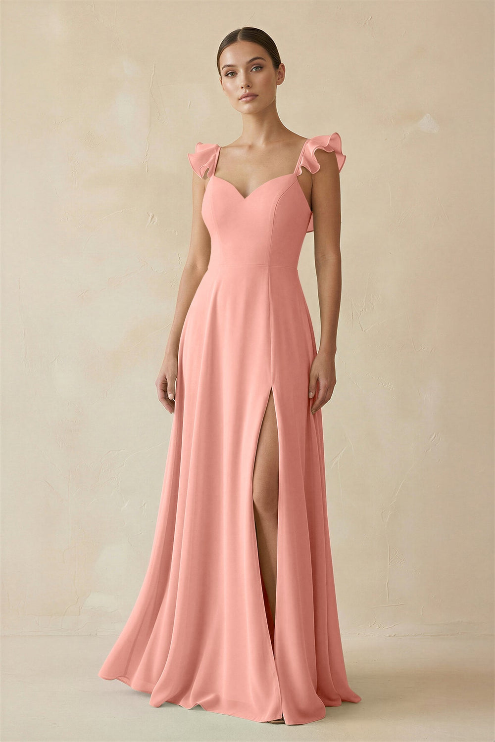 Ruffled Chiffon A-Line Long Bridesmaid Dress in Rosette