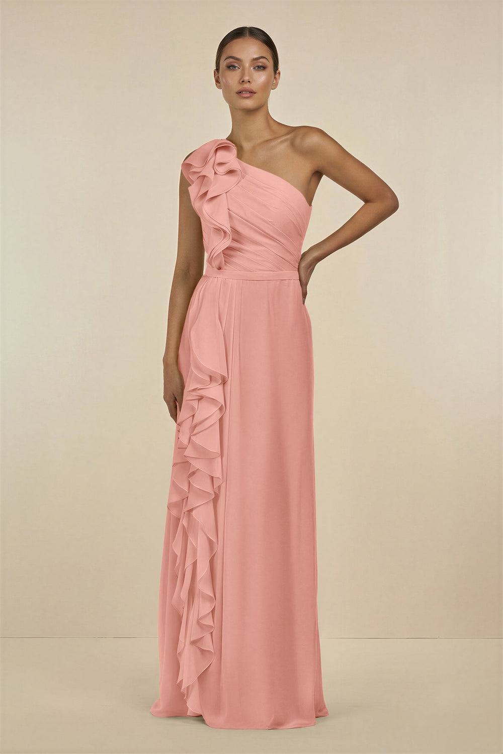 Ruffled One-Shoulder Pleated Sheath Bridesmaid Dress in Rosette