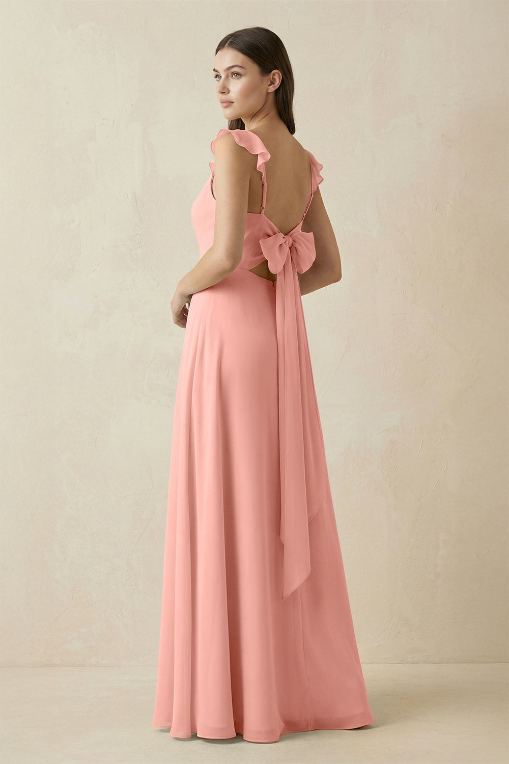 Ruffled Sleeve A-Line Chiffon Bridesmaid Dress in Rosette
