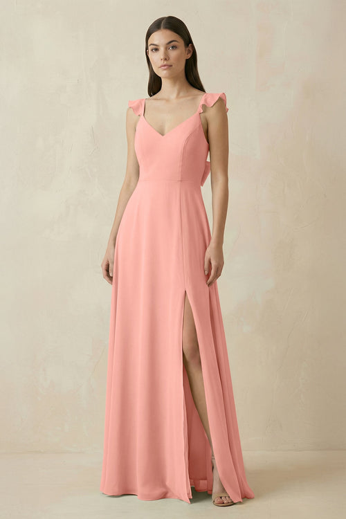 Rosette Ruffled Sleeve A-Line Chiffon Bridesmaid Dress | KISSBRIDAL