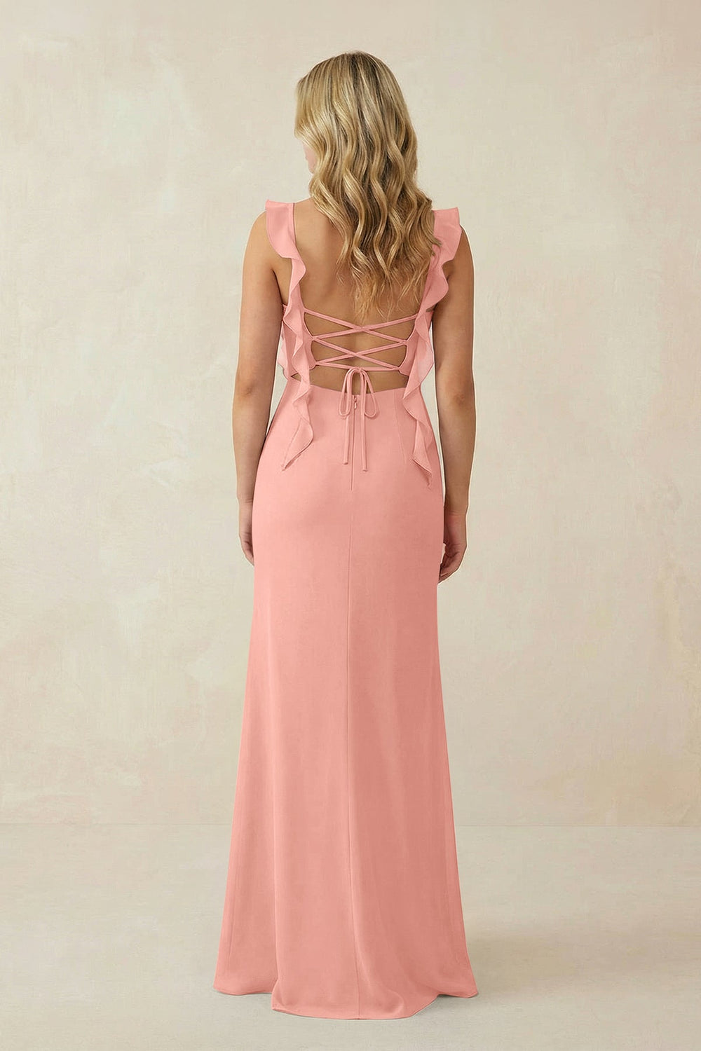 Ruffled Sleeve Ruched Sheath Chiffon Bridesmaid Dress in Rosette
