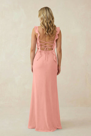 Rosette Ruffled Sleeve Ruched Sheath Chiffon Bridesmaid Dress (2) | KISSBRIDAL