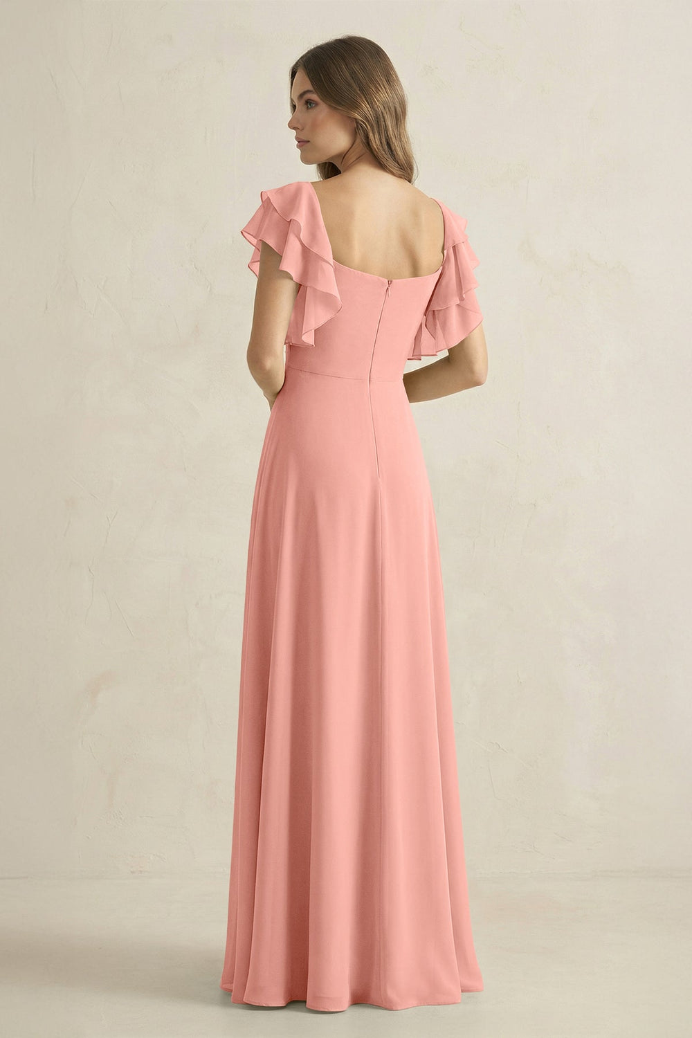 Ruffled Sleeves A-Line Chiffon Bridesmaid Dress in Rosette