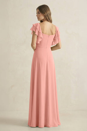 Rosette Ruffled Sleeves A-Line Chiffon Bridesmaid Dress (2) | KISSBRIDAL