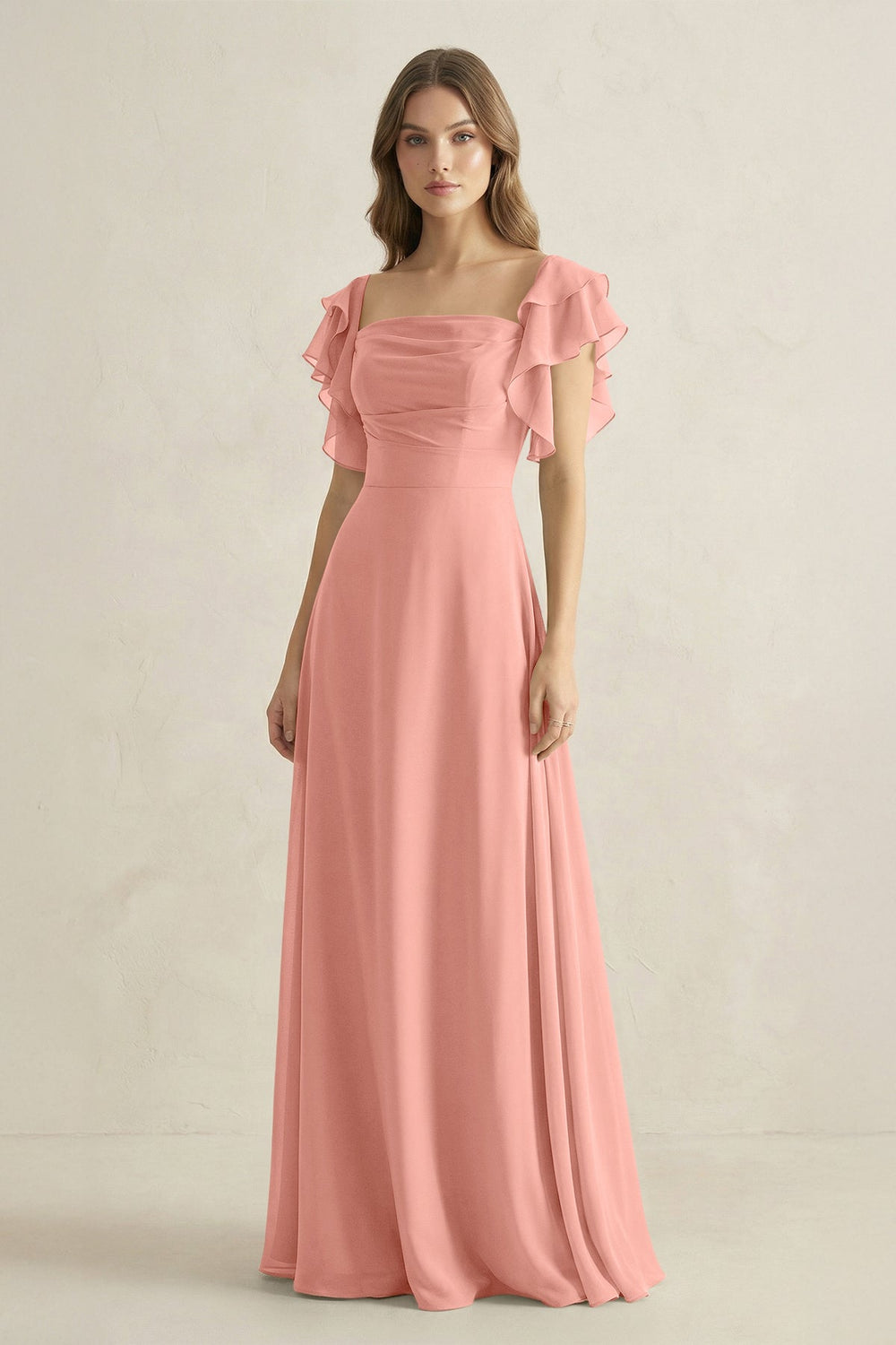 Ruffled Sleeves A-Line Chiffon Bridesmaid Dress in Rosette
