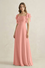 Rosette Ruffled Sleeves A-Line Chiffon Bridesmaid Dress | KISSBRIDAL