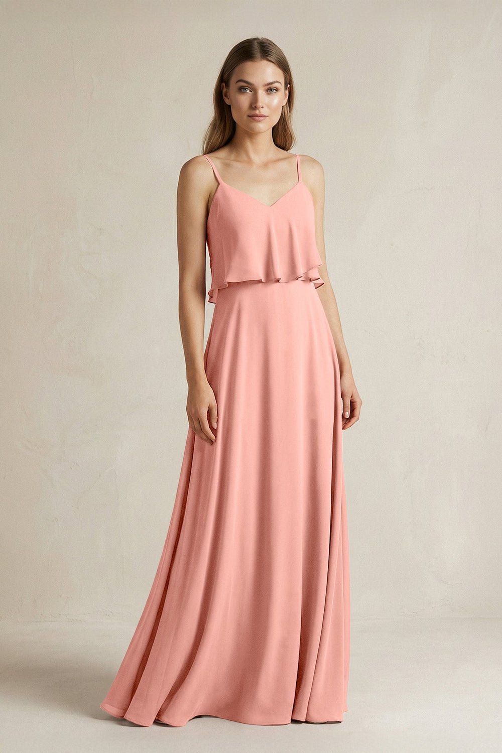 Ruffled Spaghetti Strap A-Line Chiffon Bridesmaid Dress in Rosette