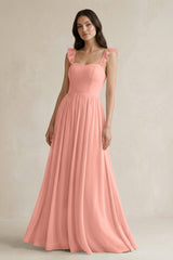 Rosette Ruffled Spaghetti Strap Chiffon A-Line Bridesmaid Dress | KISSBRIDAL