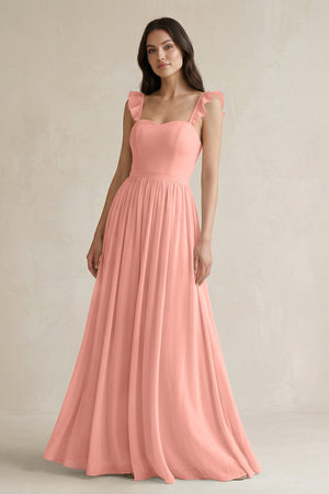 Rosette Ruffled Spaghetti Strap Chiffon A-Line Bridesmaid Dress | KISSBRIDAL