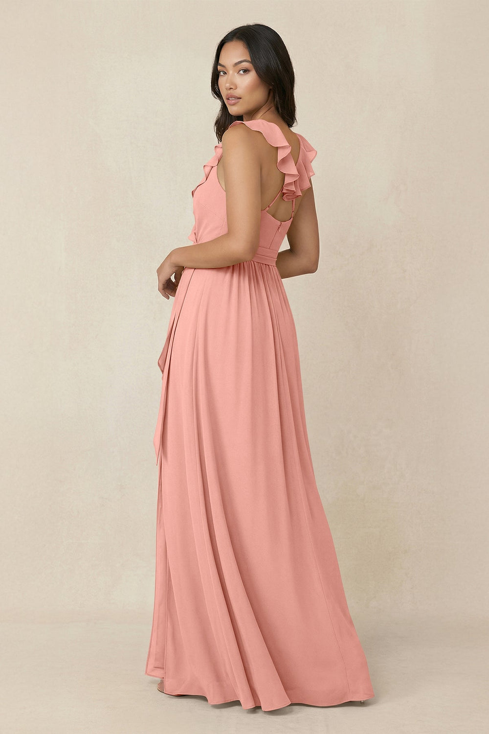 Ruffled V-Neck A-Line Chiffon Bridesmaid Dress in Rosette