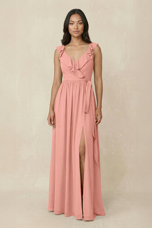 Rosette Ruffled V-Neck A-Line Chiffon Bridesmaid Dress | KISSBRIDAL