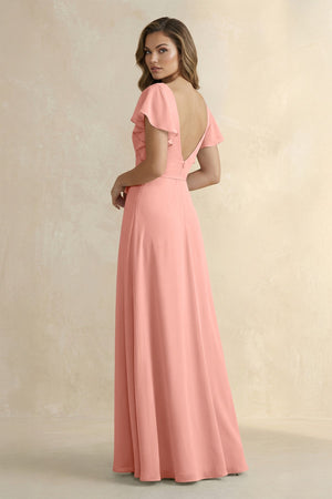 Rosette Ruffled V-Neck Chiffon A-Line Bridesmaid Dress (2) | KISSBRIDAL