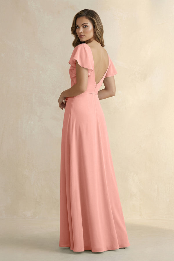 Rosette Ruffled V-Neck Chiffon A-Line Bridesmaid Dress (2) | KISSBRIDAL