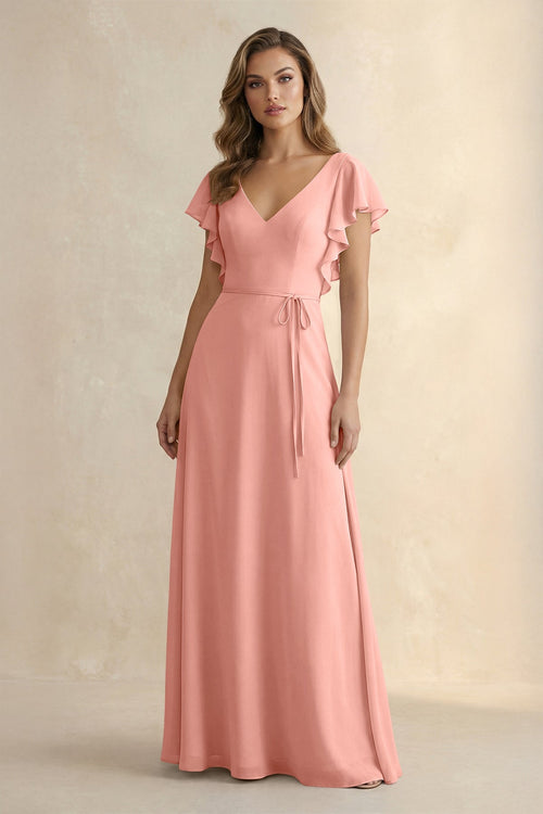 Rosette Ruffled V-Neck Chiffon A-Line Bridesmaid Dress | KISSBRIDAL