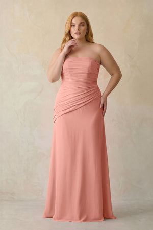 Rosette Sheath Chiffon Strapless Pleated Bridesmaid Dress [sizeplus] | KISSBRIDAL