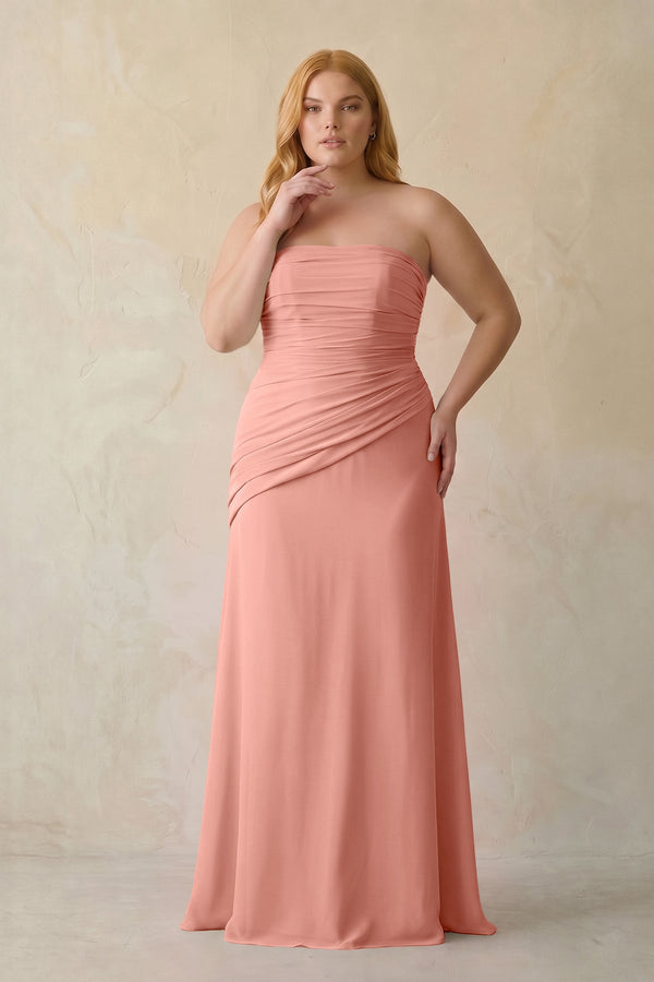 Rosette Sheath Chiffon Strapless Pleated Bridesmaid Dress [sizeplus] | KISSBRIDAL