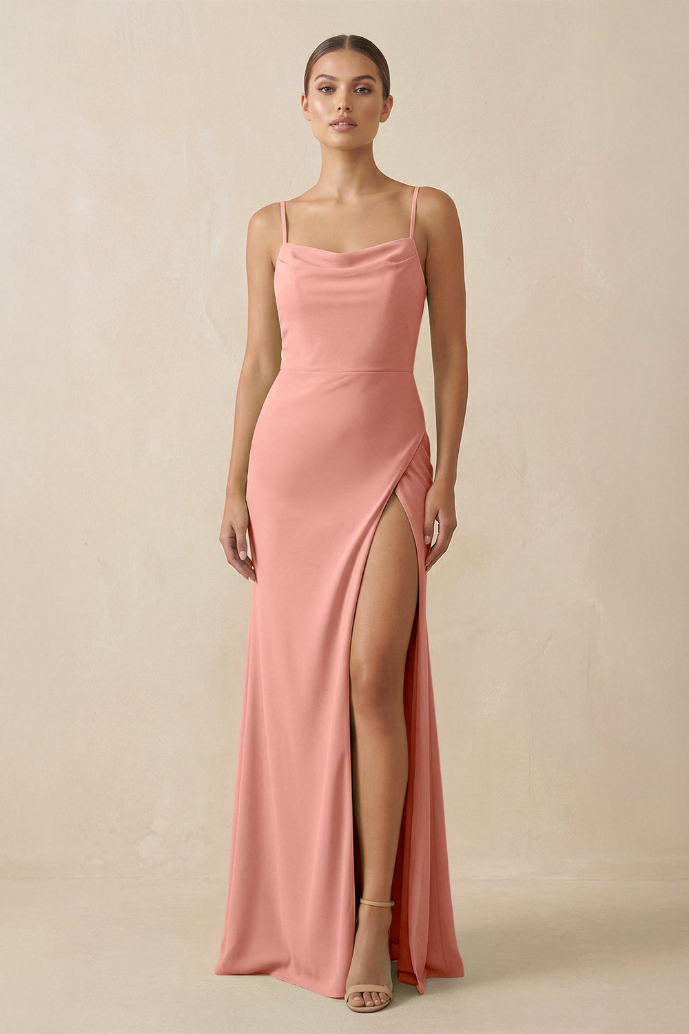 Sheath Spaghetti Straps Chiffon Long Bridesmaid Dress in Rosette
