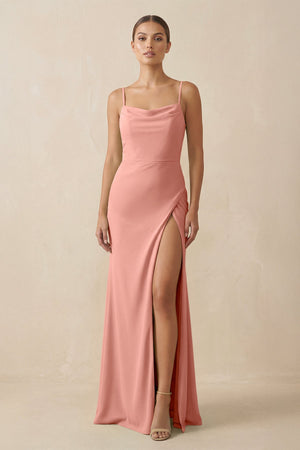 Rosette Sheath Spaghetti Straps Chiffon Long Bridesmaid Dress | KISSBRIDAL
