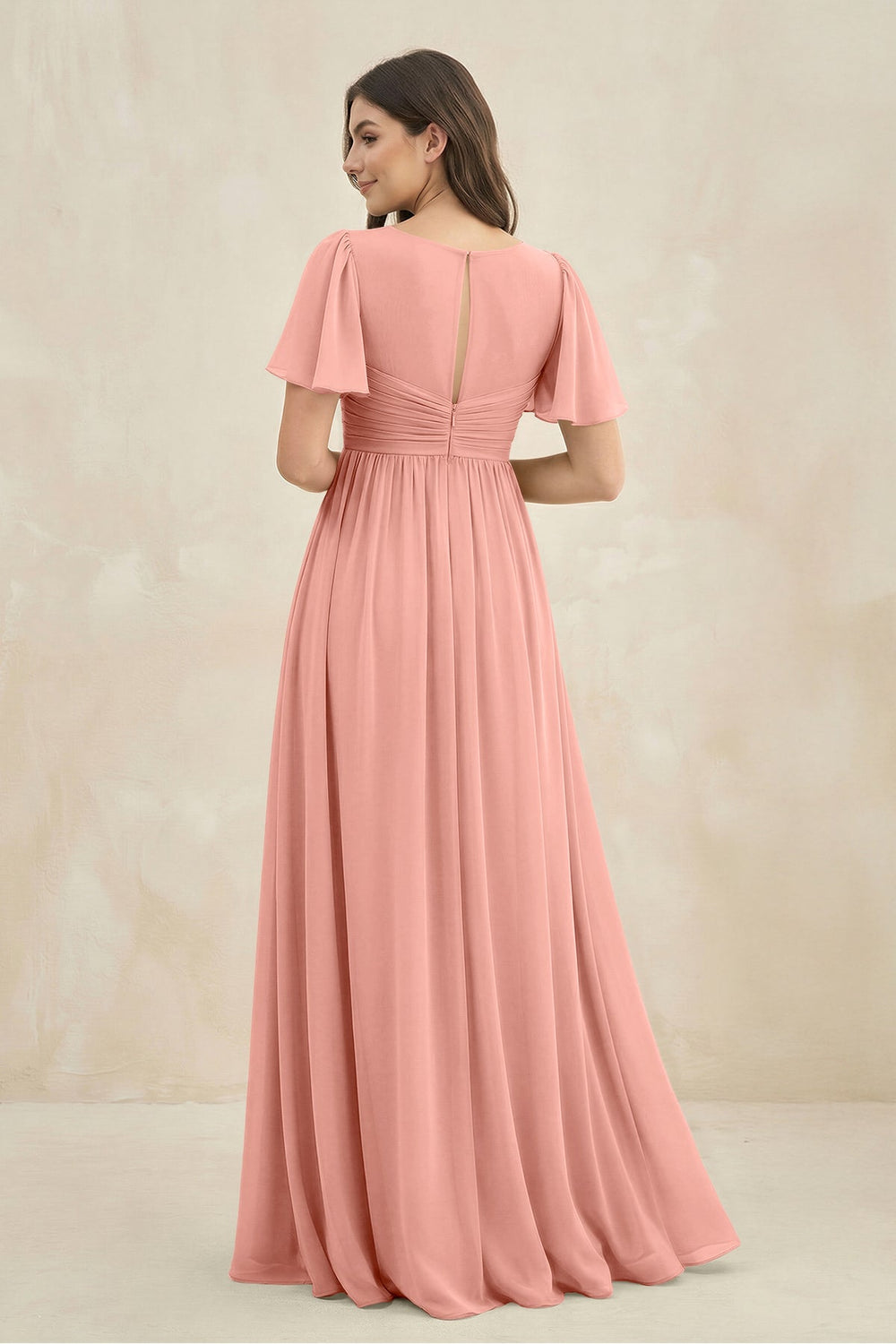 Short Sleeve Chiffon V-Neck A-Line Bridesmaid Dress in Rosette