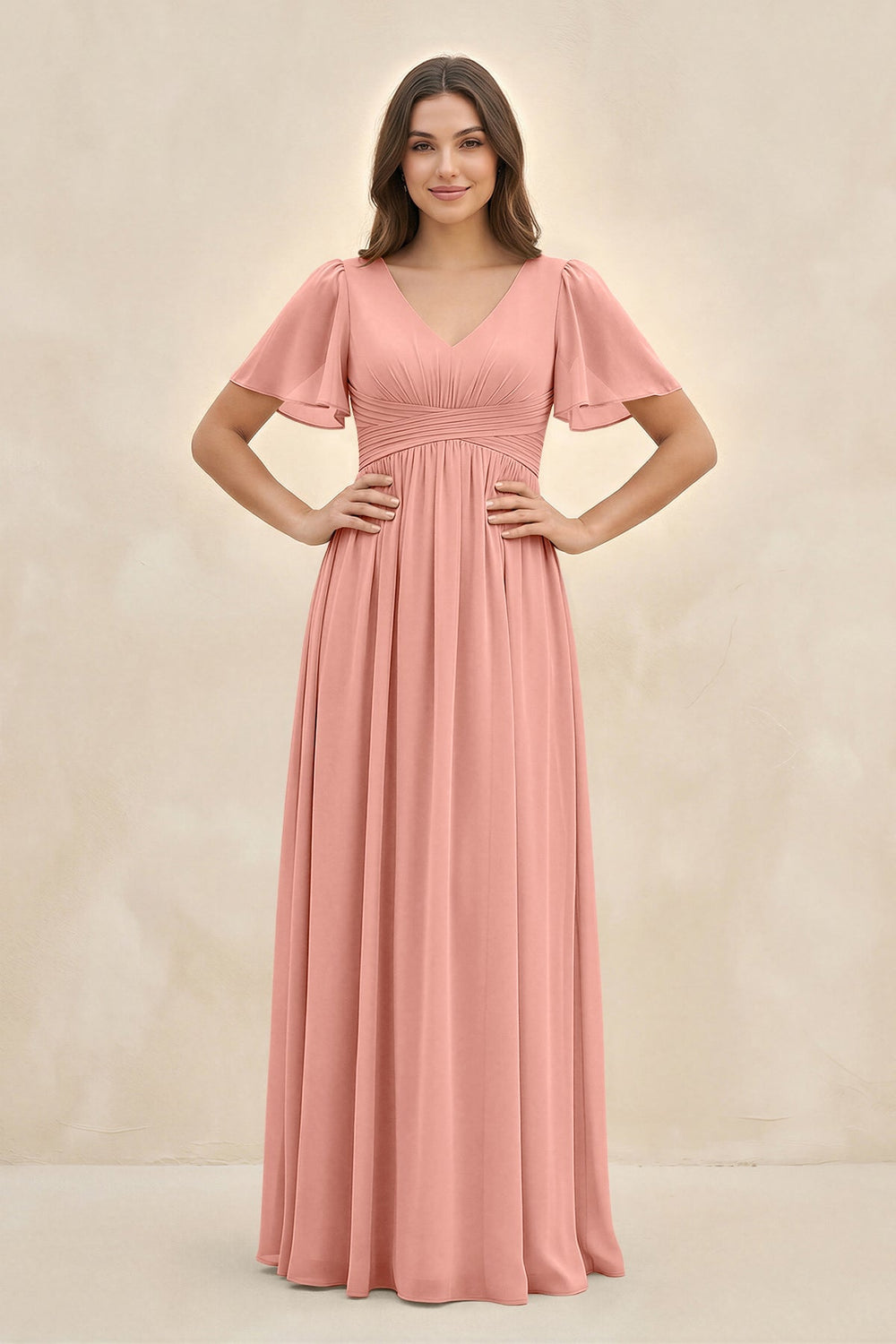 Short Sleeve Chiffon V-Neck A-Line Bridesmaid Dress in Rosette