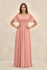 Rosette Short Sleeve Chiffon V-Neck A-Line Bridesmaid Dress | KISSBRIDAL