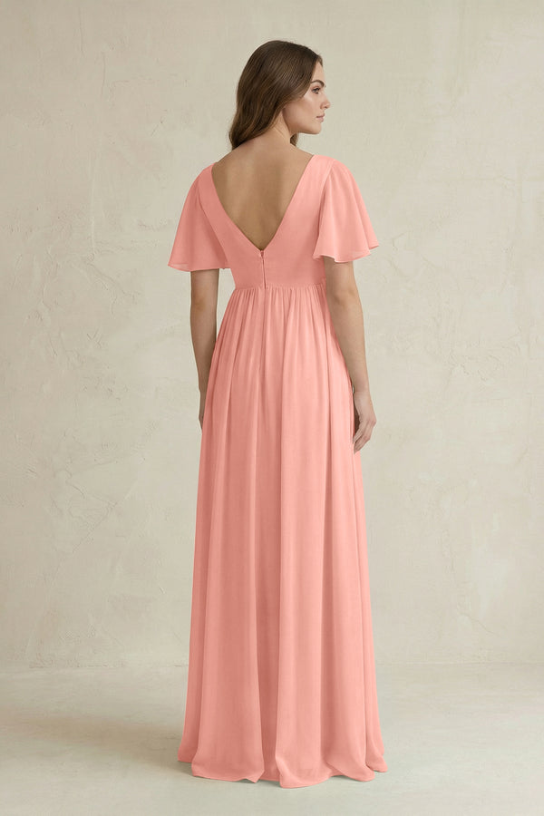 Rosette Short Sleeve V-Neck A-Line Chiffon Bridesmaid Dress (2) | KISSBRIDAL