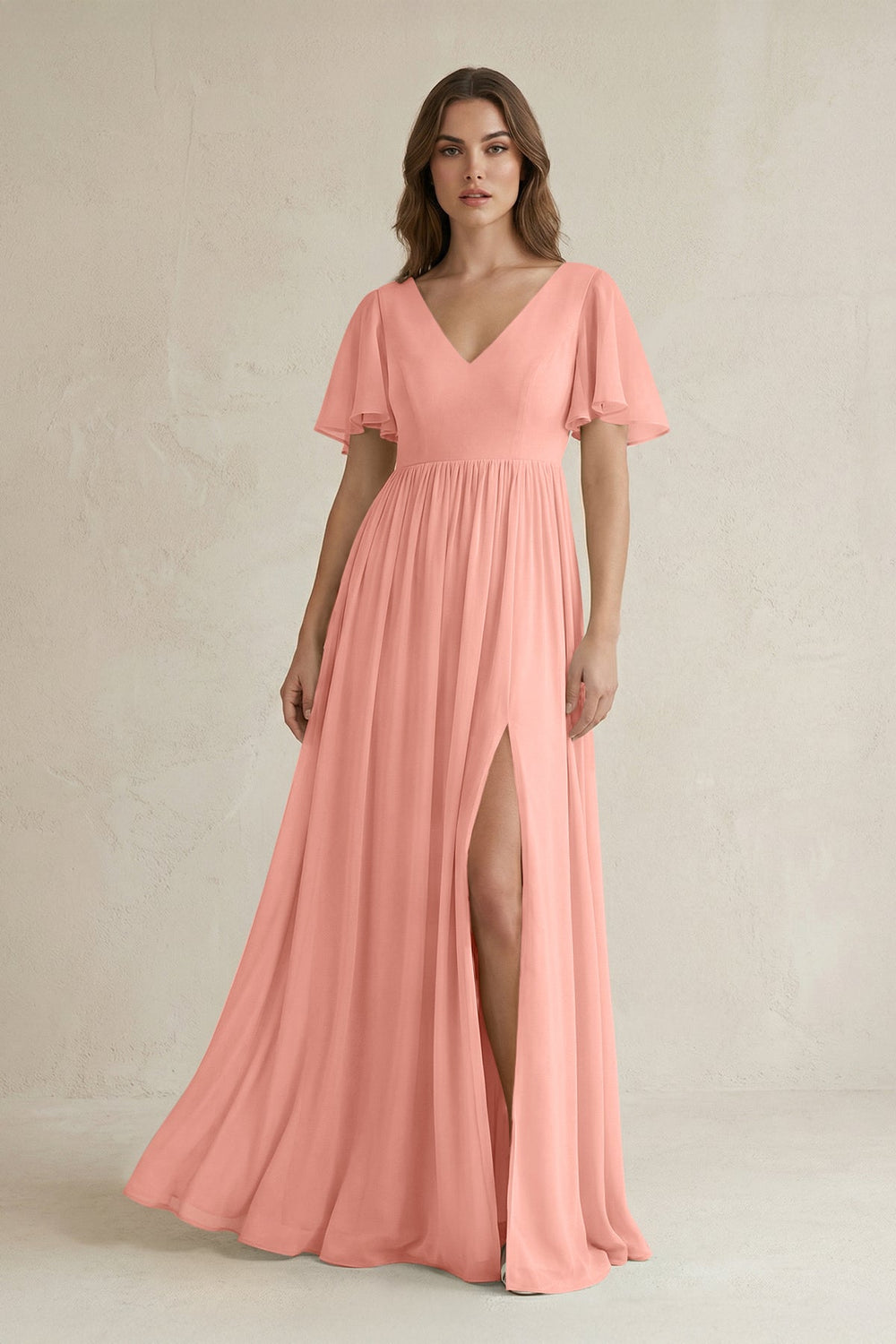 Short Sleeve V-Neck A-Line Chiffon Bridesmaid Dress in Rosette