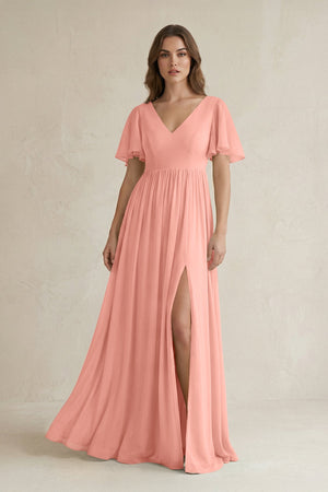 Rosette Short Sleeve V-Neck A-Line Chiffon Bridesmaid Dress | KISSBRIDAL