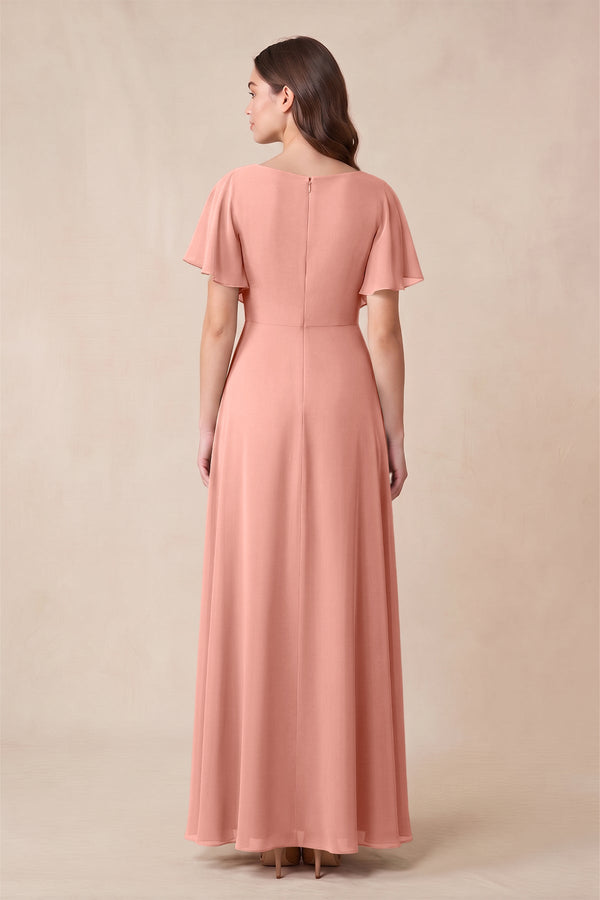 Rosette Short Sleeves Bateau A-Line Chiffon Bridesmaid Dress (2) | KISSBRIDAL