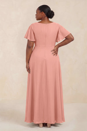 Rosette Short Sleeves Bateau A-Line Chiffon Bridesmaid Dress (4) [sizeplus] | KISSBRIDAL