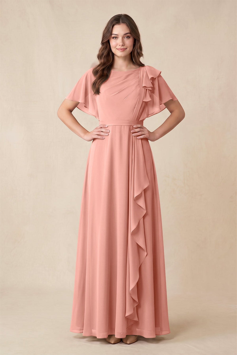 Short Sleeves Bateau A-Line Chiffon Bridesmaid Dress in Rosette