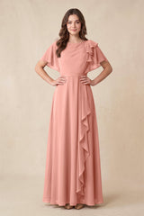Rosette Short Sleeves Bateau A-Line Chiffon Bridesmaid Dress | KISSBRIDAL