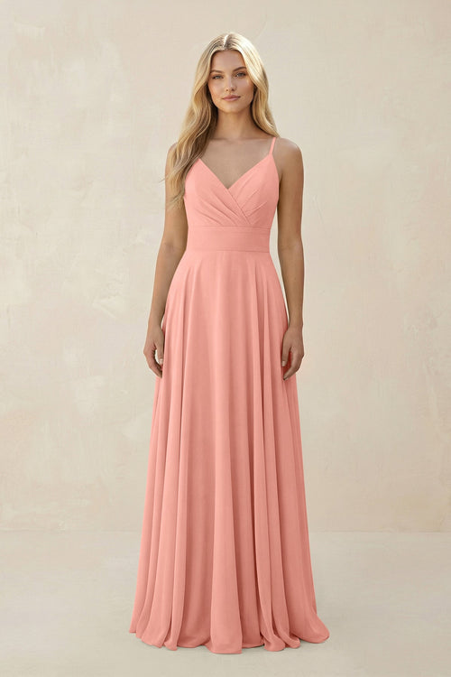 Rosette Spaghetti Strap A-Line Chiffon Bridesmaid Dress | KISSBRIDAL