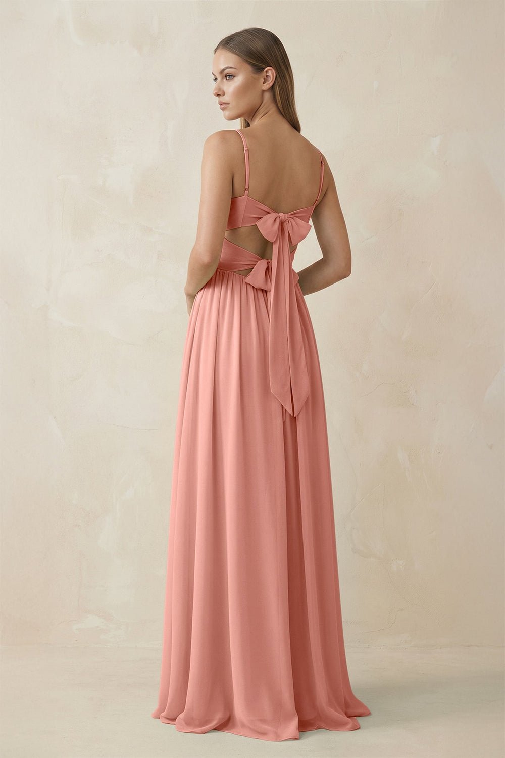Spaghetti Strap Pleated A-Line Chiffon Bridesmaid Dress in Rosette