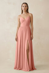 Rosette Spaghetti Strap Pleated A-Line Chiffon Bridesmaid Dress | KISSBRIDAL