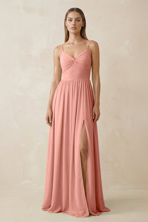 Rosette Spaghetti Strap Pleated A-Line Chiffon Bridesmaid Dress | KISSBRIDAL