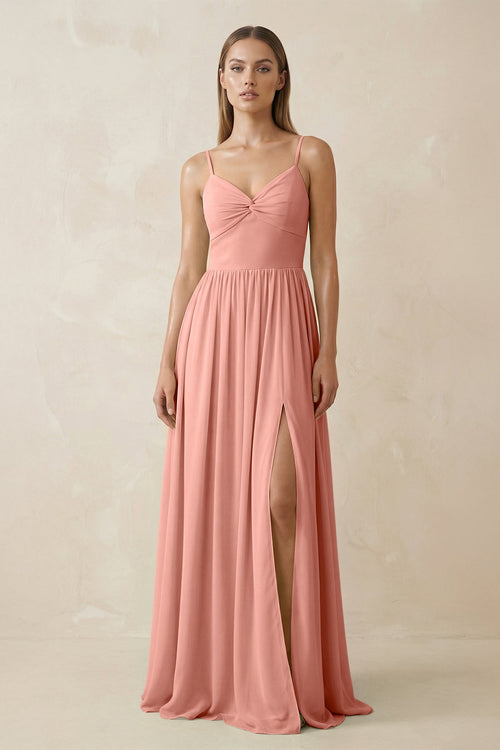 Rosette Spaghetti Strap Pleated A-Line Chiffon Bridesmaid Dress | KISSBRIDAL