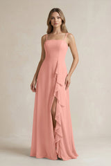 Rosette Spaghetti Strap Ruffled A-Line Chiffon Bridesmaid Dress | KISSBRIDAL