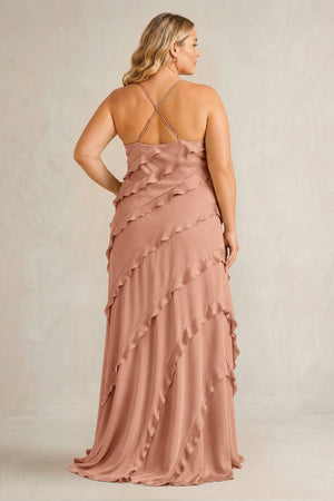 Rosette Spaghetti Straps Sheath Stain Ruffled Bridesmaid Dress (2) | KISSBRIDAL[sizeplus]