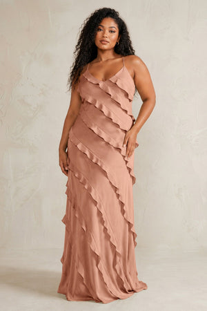 Rosette Spaghetti Straps Sheath Stain Ruffled Bridesmaid Dress (3) | KISSBRIDAL[sizeplus]