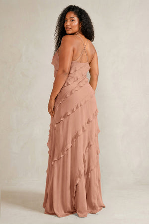Rosette Spaghetti Straps Sheath Stain Ruffled Bridesmaid Dress (4) | KISSBRIDAL[sizeplus]